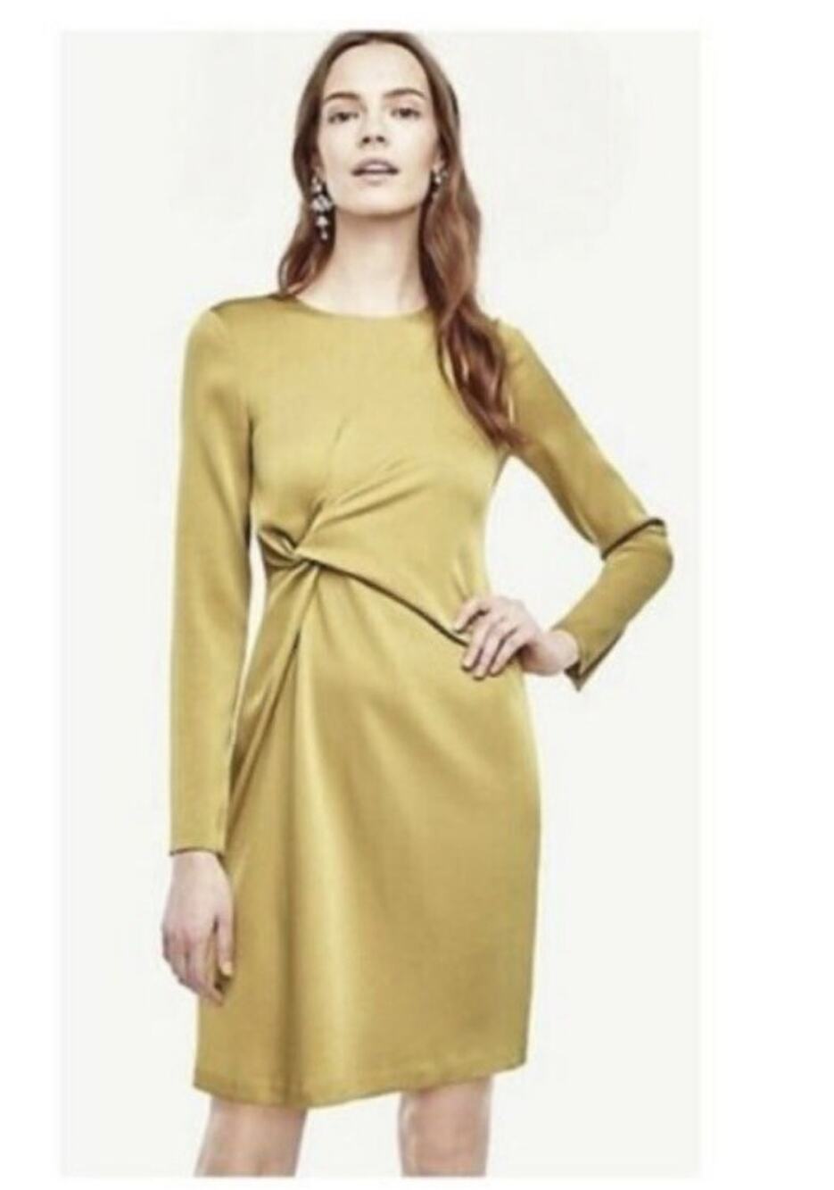 Ann Taylor Triacetate Chartreuse Twist Shift Long Slit Sleeve Sz 0